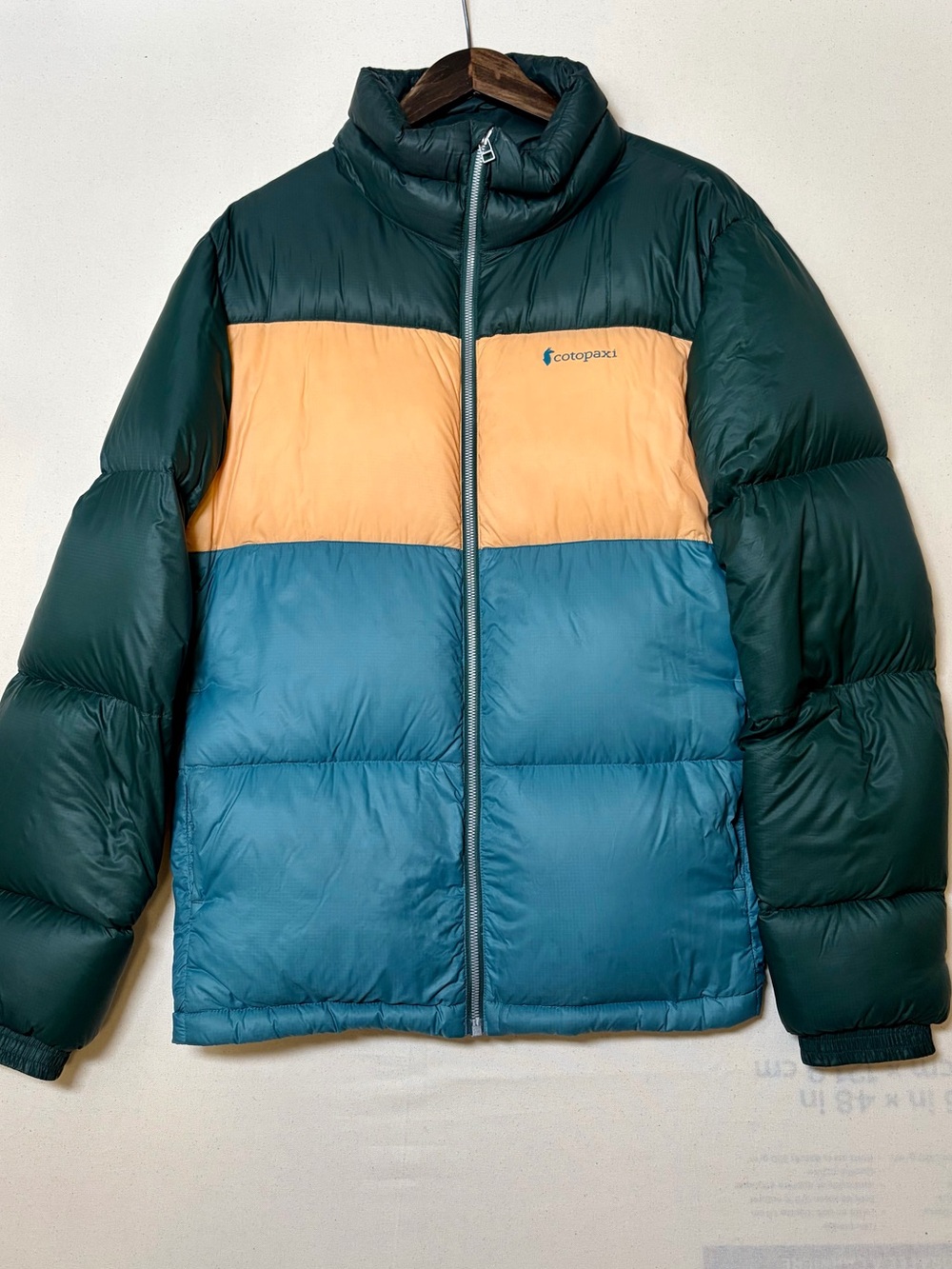 cotopaxi Colorblock Puffer Jacket in Forest Green, Mustard & Teal
